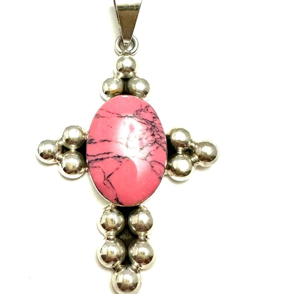 VTG Sterling Silver - MEXICO Pink Stone  Inlay Cross Pendant -925